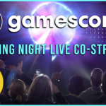 Created image of people standing facing a stage cheering with bright light from Gamescom logo.